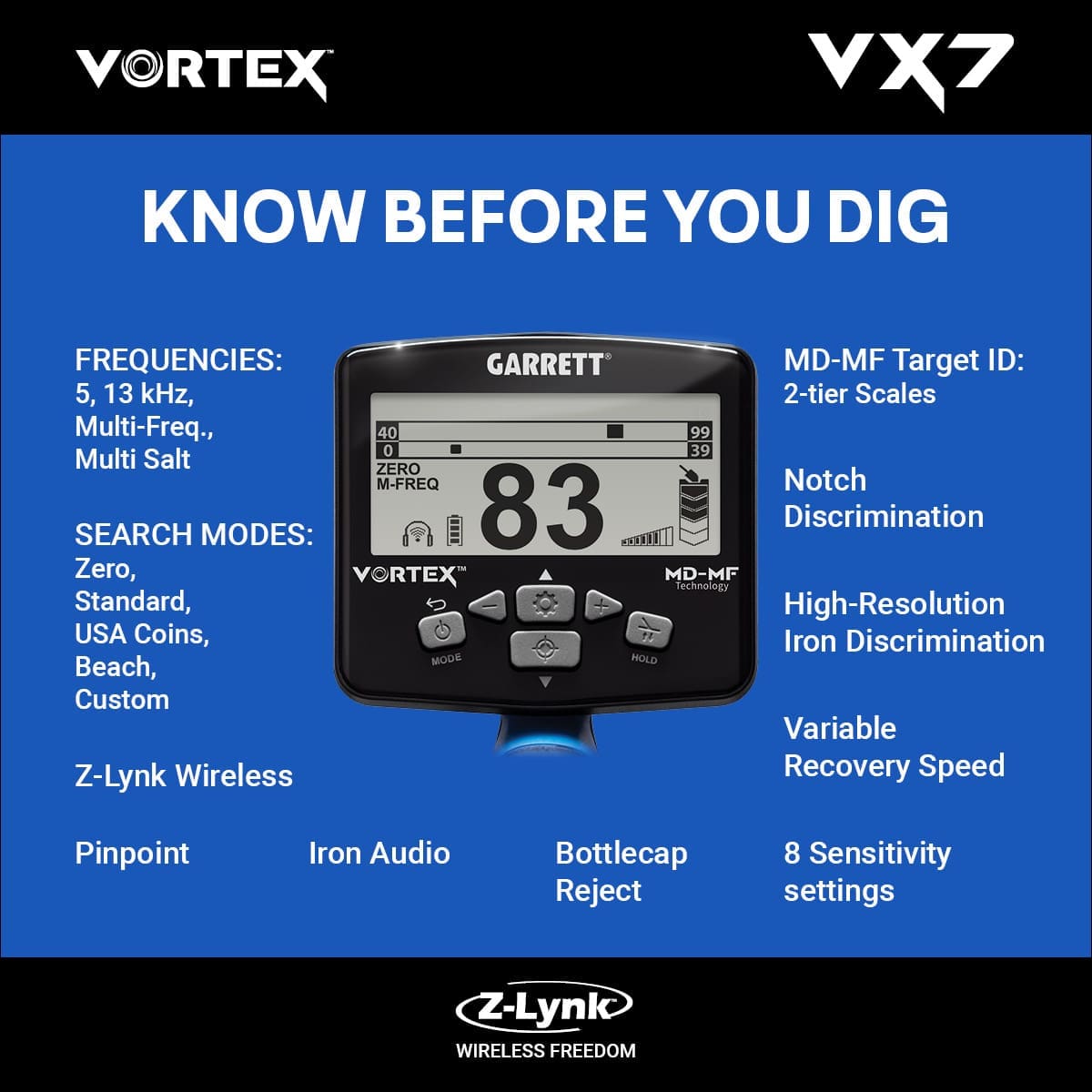 Manisa Garrett Vortex VX7 Dedektör - VX7 hedef ID ekranı, iki katmanlı MD-MF okuma ile demir ve iletken hedefleri ayırmaya yardım eder.